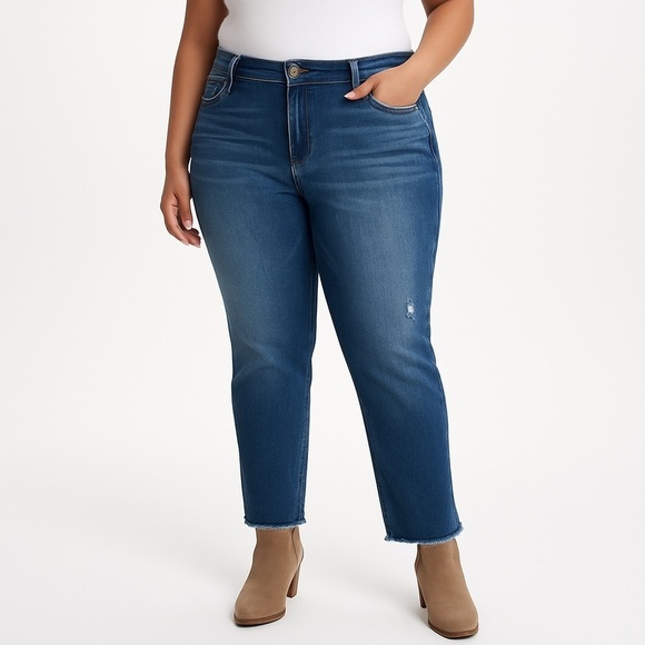 Kut from the Kloth Denim - KUT from the Kloth high rise straight leg ankle jeans raw hem blue 18W